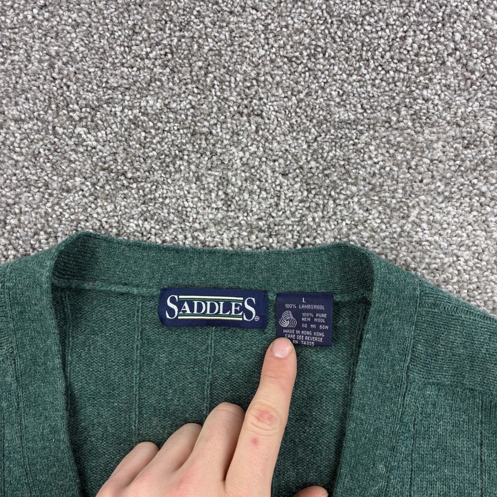Vintage Saddles Cardigan Sweater Mens Large Green Lambswool V-Neck Ribbed Knit - Picture 2 of 7